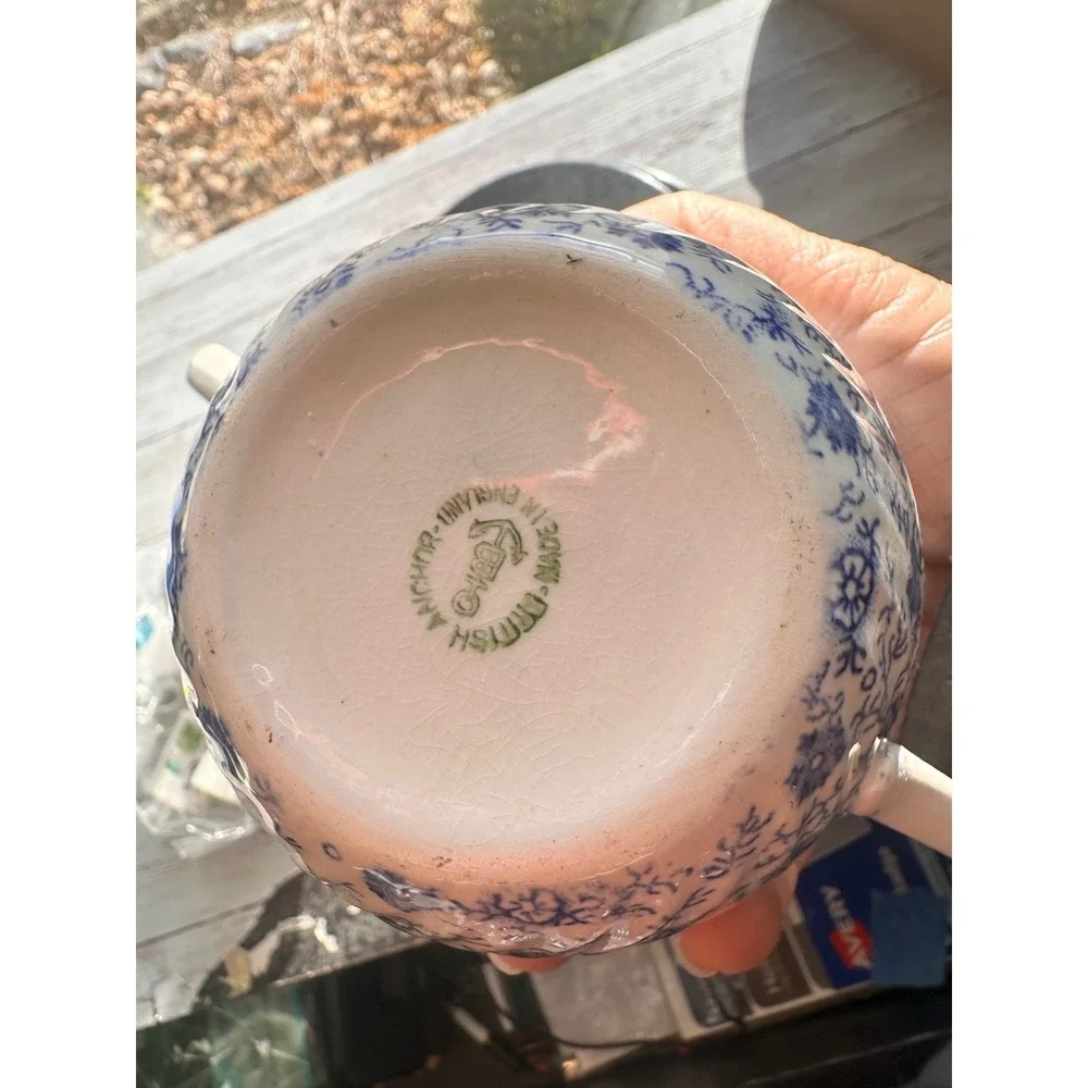 English Anchor Blue White Transferware Covered‎ Sugar Bowl England